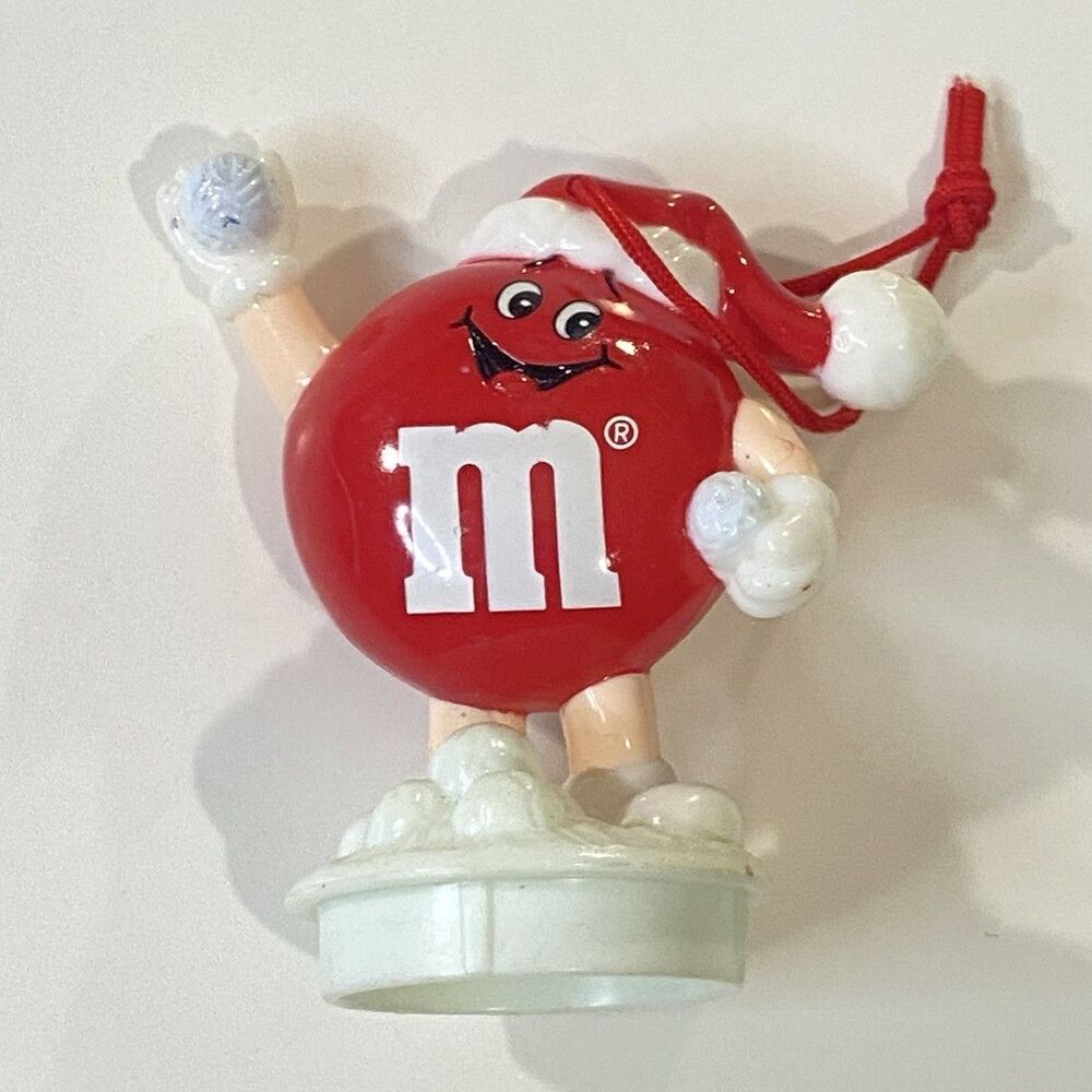 Vintage 1990 M&M candy Topper Christmas Ornament Santa Hat Red Peanut throwing